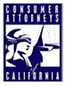 Logo of Consumer Attorneys of California, featuring a stylized depiction of Lady Justice and a sailing ship, symbolizing the dedication and precision shared by a skilled Los Angeles employment attorney.