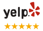 Yelp logo with five yellow stars below, indicating a five-star rating for a top Los Angeles employment attorney.