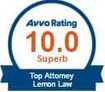 Badge displaying "Avvo Rating 10.0 Superb" with the text "Top Attorney Lemon Law" below, highlighting expertise comparable to a leading Los Angeles employment attorney.