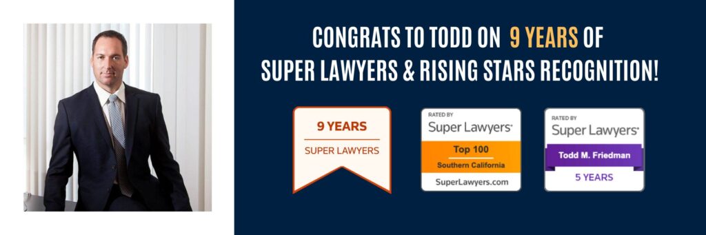 A distinguished man in a suit sits beside text celebrating 9 years of Super Lawyers & Rising Stars recognition, including a Top 100 Southern California rating, proudly showcasing his expertise as a prominent Los Angeles employment attorney.