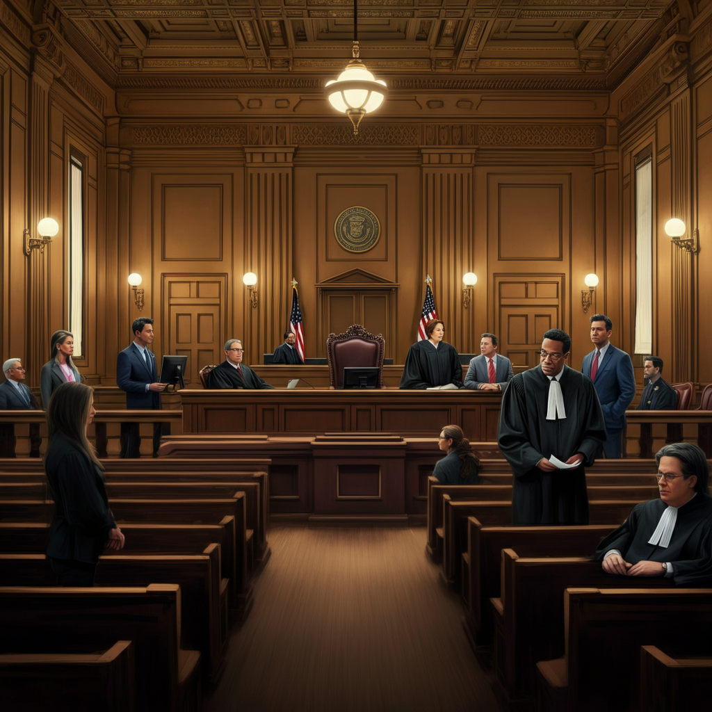 a group of people in a courtroom
