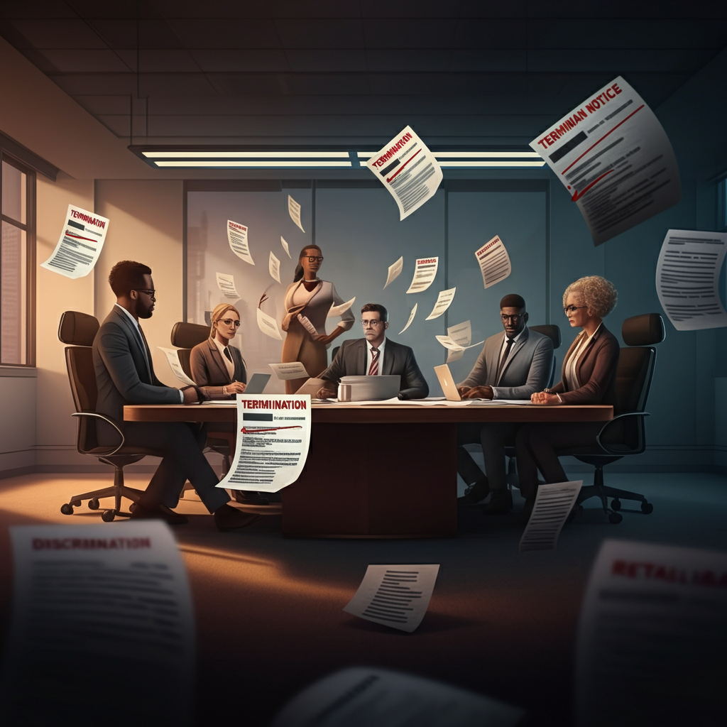 a group of people sitting around a table with papers flying in the air