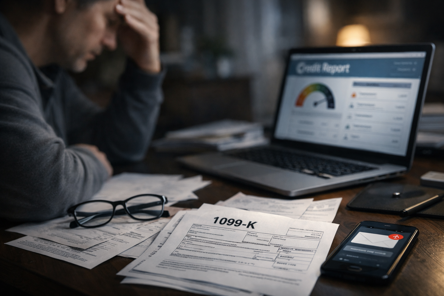 Person reviewing a 1099-K tax form and credit report at a home office desk, concerned about potential identity theft or reporting errors.