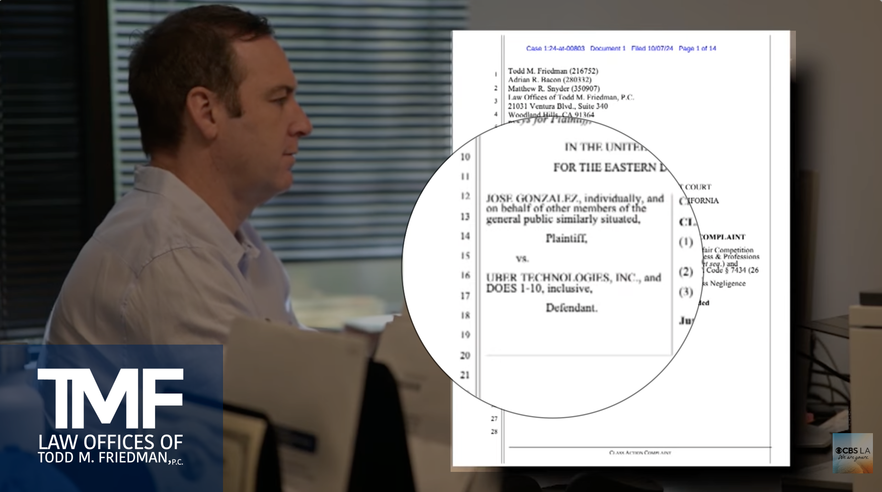 logo of TMF Todd M. Friedman, P.C. with attorney in background and emphasized lawsuit filing.